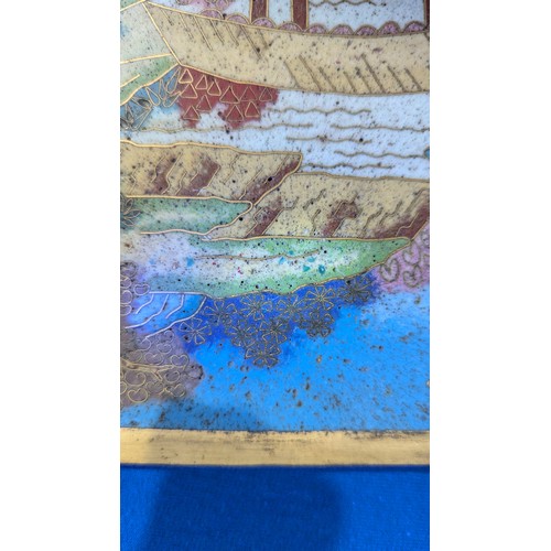 336 - An 18thC Chinese cloisonné rectangular Plaque, or panel, depicting figures on two dragon boats in a ... 