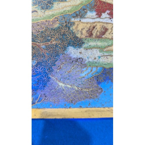 336 - An 18thC Chinese cloisonné rectangular Plaque, or panel, depicting figures on two dragon boats in a ... 