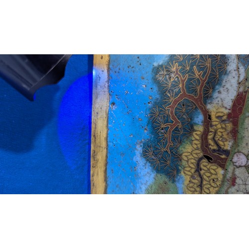 336 - An 18thC Chinese cloisonné rectangular Plaque, or panel, depicting figures on two dragon boats in a ... 