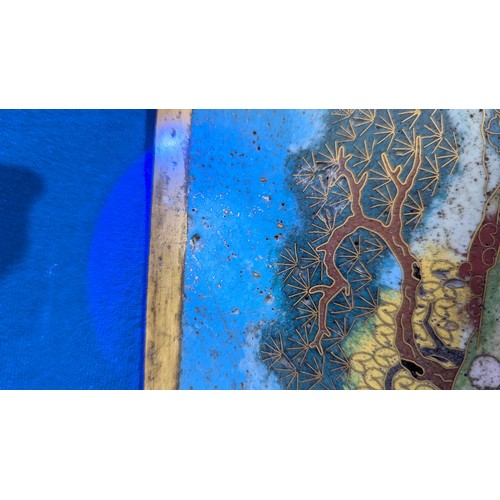 336 - An 18thC Chinese cloisonné rectangular Plaque, or panel, depicting figures on two dragon boats in a ... 