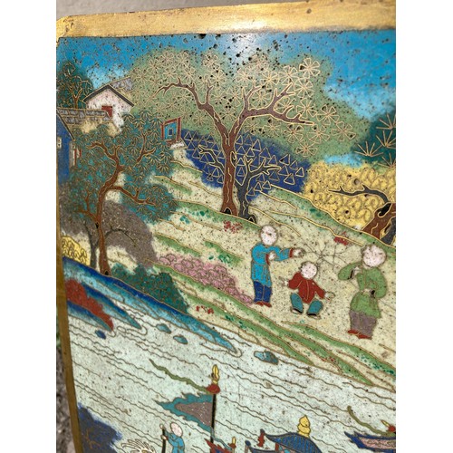 336 - An 18thC Chinese cloisonné rectangular Plaque, or panel, depicting figures on two dragon boats in a ... 
