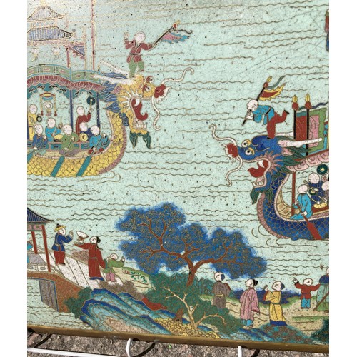 336 - An 18thC Chinese cloisonné rectangular Plaque, or panel, depicting figures on two dragon boats in a ... 