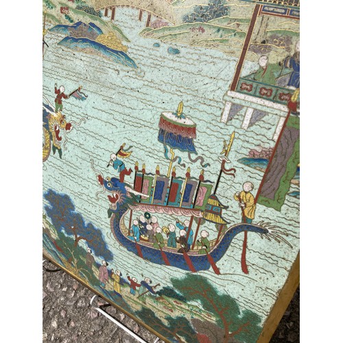 336 - An 18thC Chinese cloisonné rectangular Plaque, or panel, depicting figures on two dragon boats in a ... 