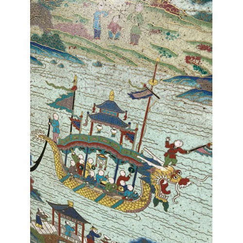 336 - An 18thC Chinese cloisonné rectangular Plaque, or panel, depicting figures on two dragon boats in a ... 