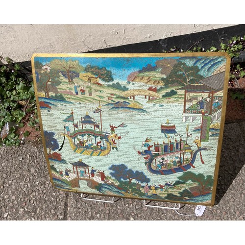 336 - An 18thC Chinese cloisonné rectangular Plaque, or panel, depicting figures on two dragon boats in a ... 