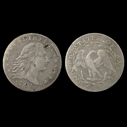 United States of America; an extremely rare 1795 silver Half Dime, flowing hair type (LM 10), die break to rim above TY and ninth star.