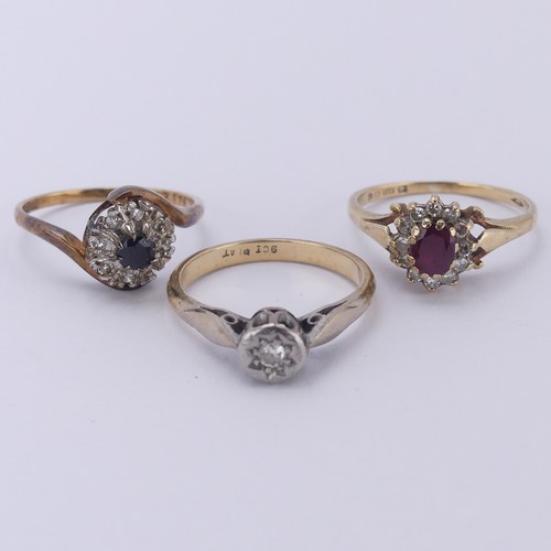 Three 9ct gold Rings, one illusion set single stone diamond, Size K, one a ruby and diamond cluster, Size J&frac12;, the other a sapphire and diamond cluster, Size K, approx. total weight 5.9g (3)