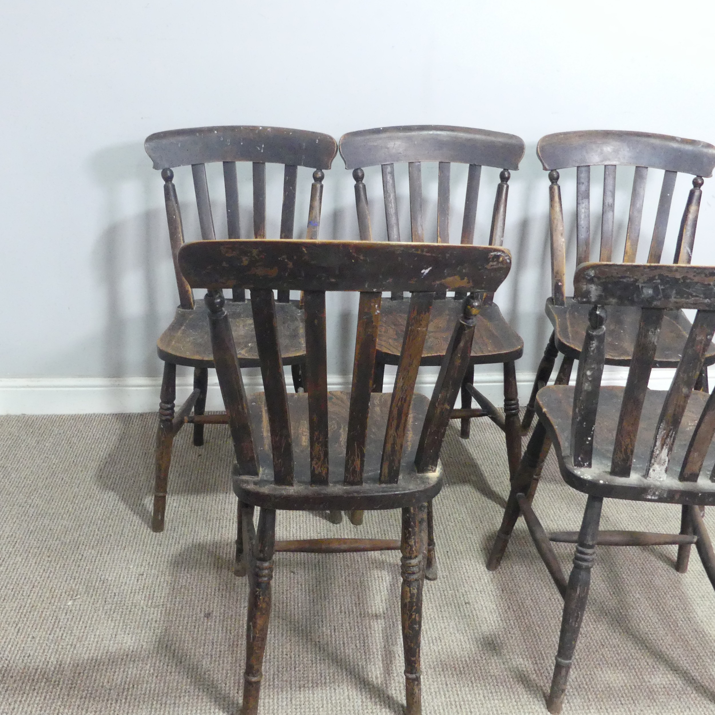 A set of five antique ash Kitchen Chairs, stick-backs upon moulded seat ...