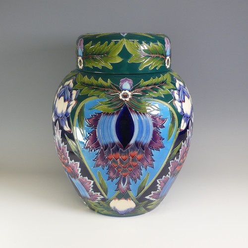 A rare and large Moorcroft pottery Saadian pattern ginger jar and cover, designed by Shirley Hayes, the base with impressed marks and brown painted with Hayes’ signature, dated 9th December 2002, 48cm high x 35.5cm wide.