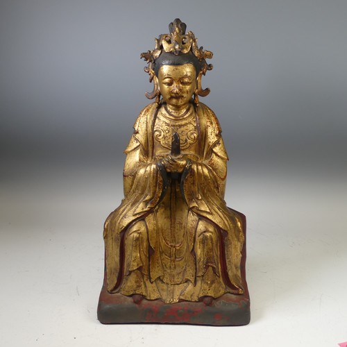 249 - A 19th century Chinese gilt-lacquered bronze figure of a Goddess, possibly of Bixia Yuanjun, H 57 cm...