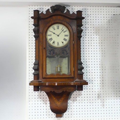 48 - A late 19th century American walnut wall Clock, the case decorated with Tunbridge ware style inlaid ... 