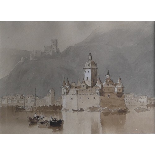 69 - Attributed to Clarkson Stanfield (1793 - 1867) Pfalz & Caub, (Pfalzgrafenstein Castle)  sepia wa... 