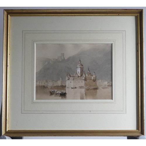 69 - Attributed to Clarkson Stanfield (1793 - 1867) Pfalz & Caub, (Pfalzgrafenstein Castle)  sepia wa... 