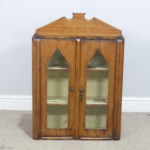 57 - A 19th century Victorian pine glazed wall Bookcase/Cabinet, of a Gothic design, W 52 cm x H 74 cm x ... 