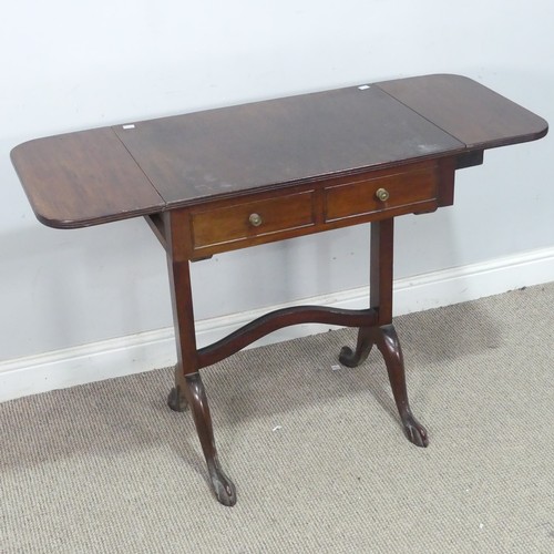 26 - A Georgian style mahogany drop-end sofa Table, of small proportions, with bowed stretcher and pad fe... 