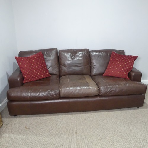 22 - A pair of Derwent brown leather upholstered three-seat Sofas, W 210 cm x H 90 cm x D 100 cm. (2)... 