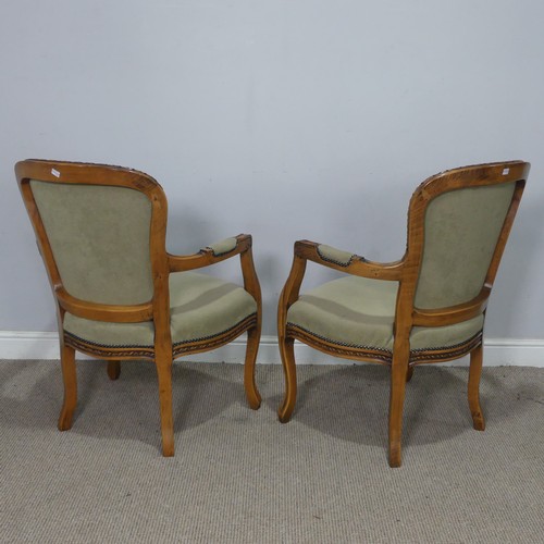 18 - A pair of Louis XVI style open Armchairs, with studded upholstery, W 60 cm x H 92 cm x D 45 cm. (2)... 