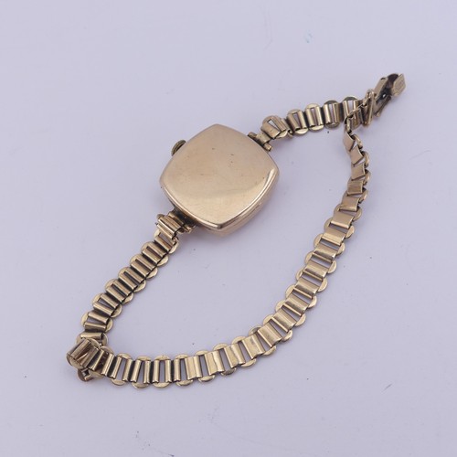 144 - A 9ct gold lady's Wristwatch, the gilt dial signed for Bruford's, Exeter, Swiss 15-jewels Pinnacle m... 