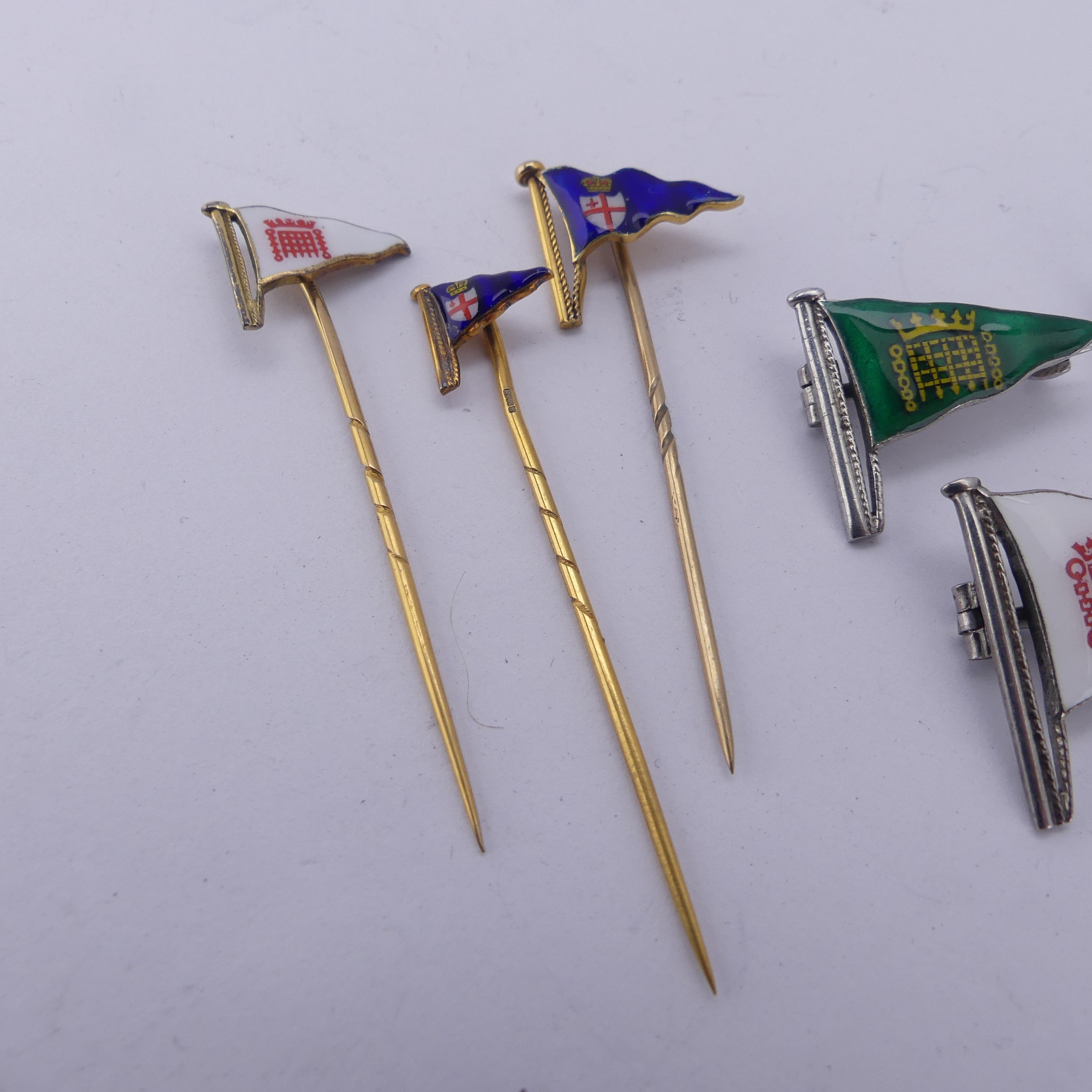 Two 9ct gold and enamel burgee tie pins for The Royal Thames Yacht Club ...