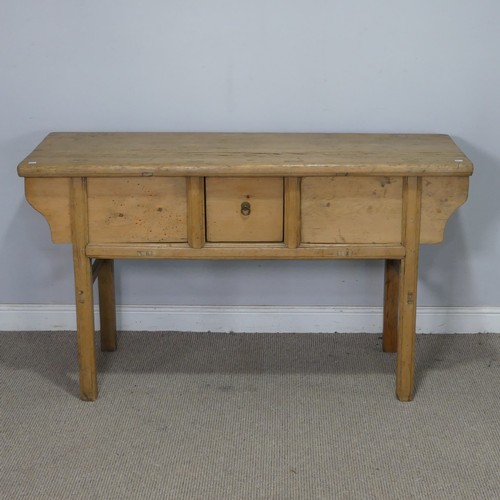 76 - A 20th century pine Chinese alter Table/Sideboard, the singular frieze drawer flanked by sliding cup... 