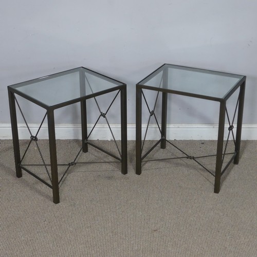 19 - A contemporary glass top coffee Table, with 'zeppelin bend' iron stretchers, W 110 cm x H 42 cm x D ... 