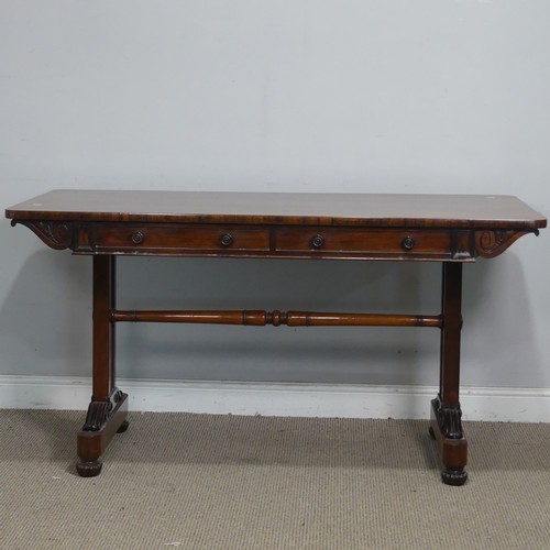 11 - A William IV rosewood library Table, with carved scrolled motifs, complete with a 'H' stretcher, W 1... 