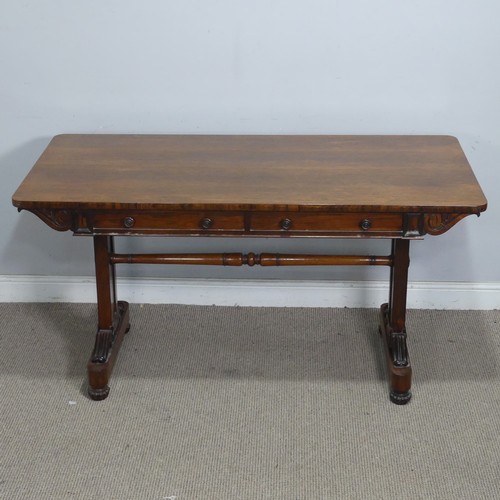 11 - A William IV rosewood library Table, with carved scrolled motifs, complete with a 'H' stretcher, W 1... 