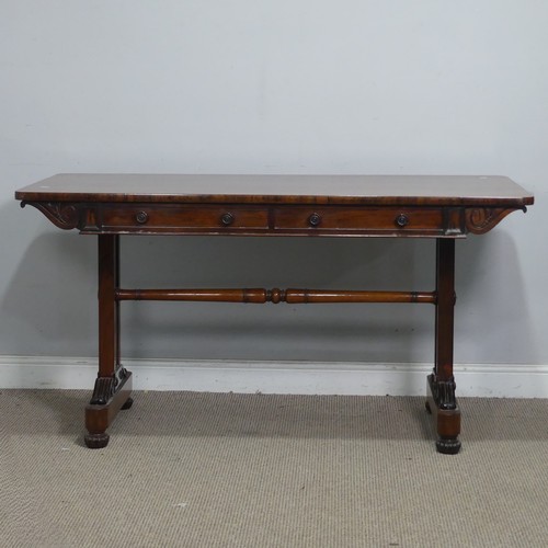 11 - A William IV rosewood library Table, with carved scrolled motifs, complete with a 'H' stretcher, W 1... 