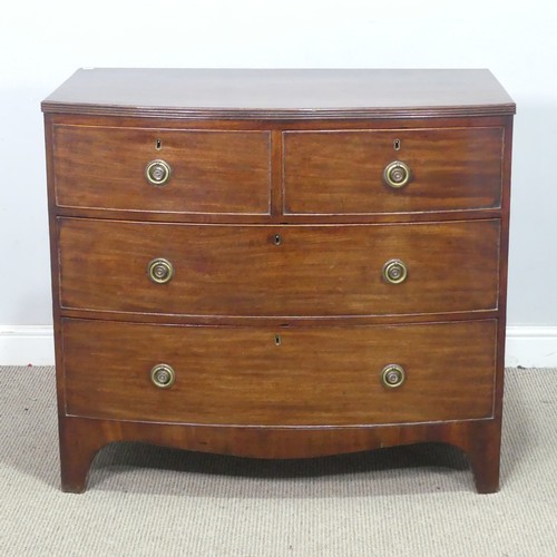 63 - A Georgian style mahogany bowfront Chest of Drawers, with brass loop swing handles, W 90 cm x H 80 c... 