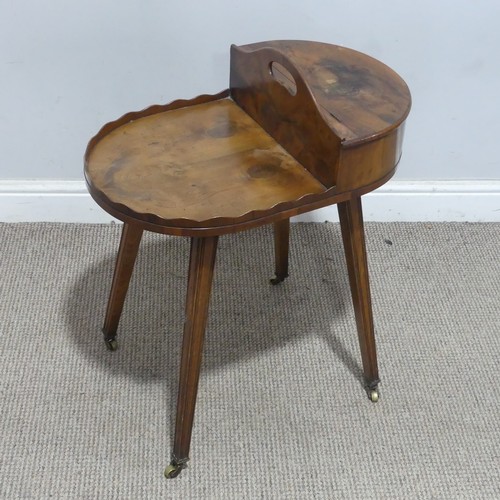 131 - A late 19th/early 20th century yew wood cutlery Table, with scalloped top and hinged compartment, ra... 