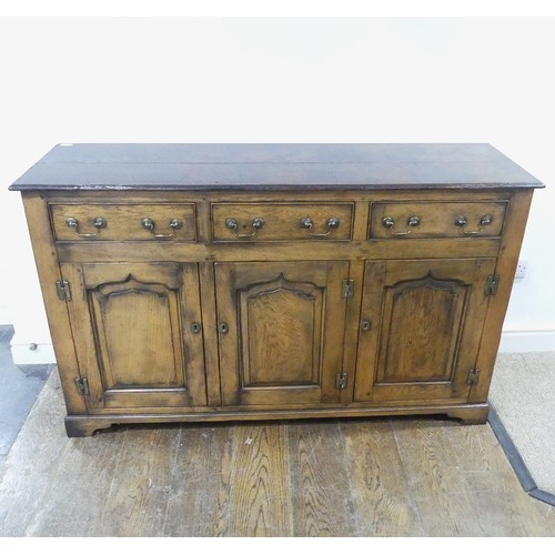 115 - A reproduction Georgian-style oak dresser Base, with brass swing handles and escutcheons, W 154 cm x... 