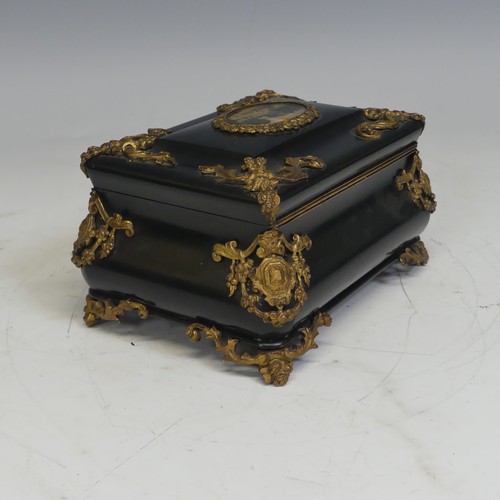 93 - A 19th century Napoleon-type black lacquered jewellery Box, applied with gilt metal foliate swags an... 