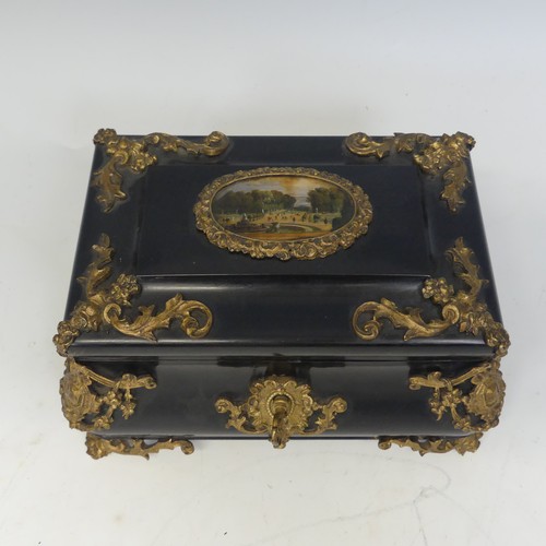 93 - A 19th century Napoleon-type black lacquered jewellery Box, applied with gilt metal foliate swags an... 