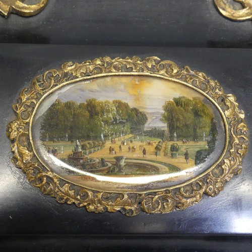 93 - A 19th century Napoleon-type black lacquered jewellery Box, applied with gilt metal foliate swags an... 