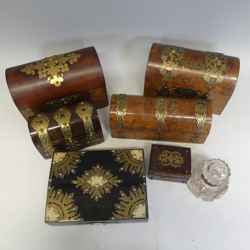 94 - A Victorian burr walnut gothic revival stationery Box, applied with a gilt metal foliate brass swing... 