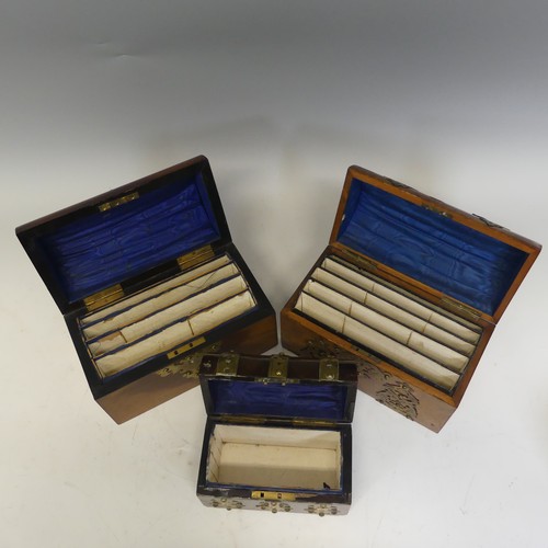 94 - A Victorian burr walnut gothic revival stationery Box, applied with a gilt metal foliate brass swing... 