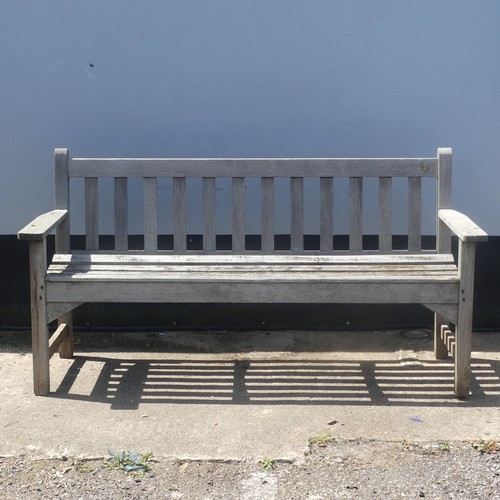193 - A large weathered 'R. A. Lister' Burma teak Garden Bench, W 157 cm x H 82 cm x D 55.5 cm.... 