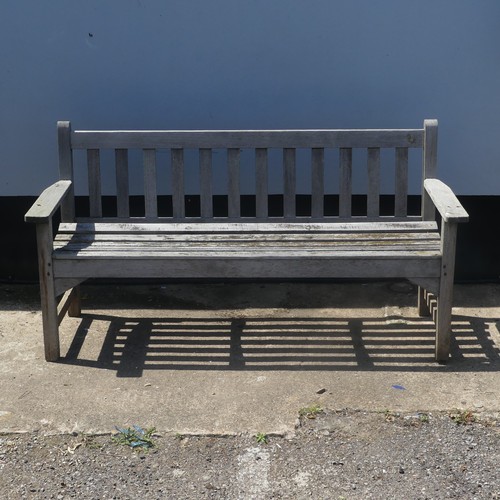 193 - A large weathered 'R. A. Lister' Burma teak Garden Bench, W 157 cm x H 82 cm x D 55.5 cm.... 