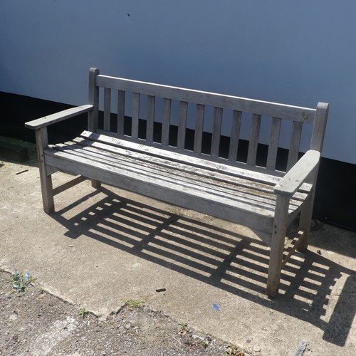 193 - A large weathered 'R. A. Lister' Burma teak Garden Bench, W 157 cm x H 82 cm x D 55.5 cm.... 