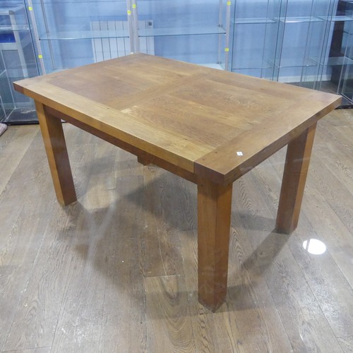 120 - A contemporary light oak kitchen Table, raised on squared supports, W 140 cm x H 76 cm x D 90 cm, to... 