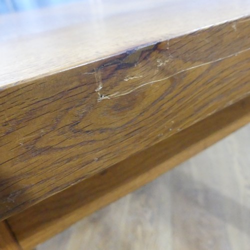 120 - A contemporary light oak kitchen Table, raised on squared supports, W 140 cm x H 76 cm x D 90 cm, to... 
