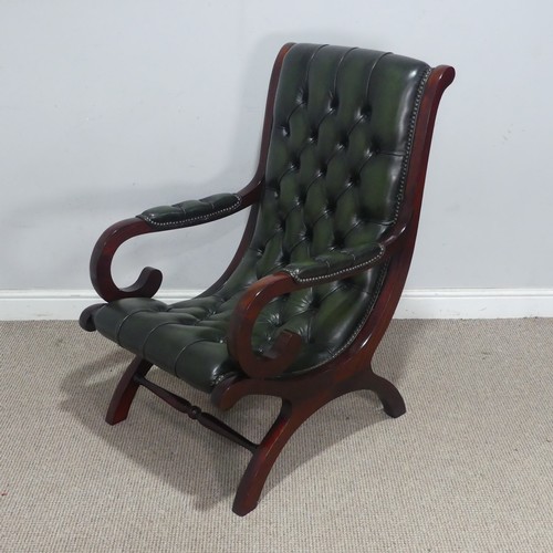117 - A regency-style scroll mahogany nursing Chair, with button-back green leather upholstery, W 60 cm x ... 