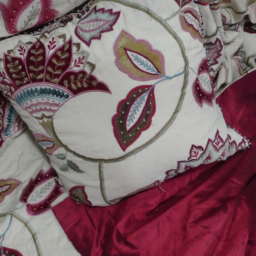 281 - A large fabric Throw, appliqued and embroidered in bold floral designs, interlined and lined in red ... 