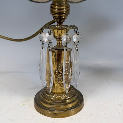 201 - A pair of Victorian brass and glass lustre candlesticks converted to table Lamps, complete with scal... 