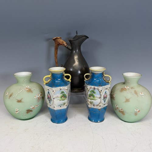 228 - A pair of Kinjo China hand painted 'Nippon' Vases, together with figural vases, a pair decorated wit... 