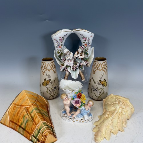 228 - A pair of Kinjo China hand painted 'Nippon' Vases, together with figural vases, a pair decorated wit... 