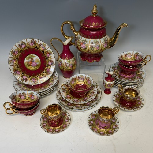 187 - A quantity Faronard-style burgundy red Vienna Porcelain, made by Josef Kuba, including part coffee a... 