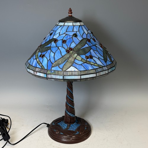 223 - An Art Deco style Tiffany & Co inspired stained glass Lamp, the shade and base decorated with dr... 