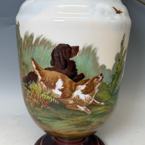 260 - A large 19th century table Lamp Base, depicting a hunting dog scene, H 55 cm, together with a later ... 