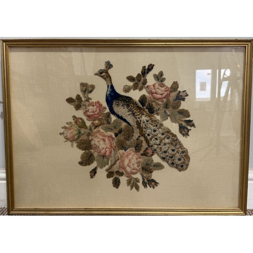 239 - A 19th century plush and bead work Peacock, on floral swag, framed and glazed, 42 cm x 60 cm, togeth... 